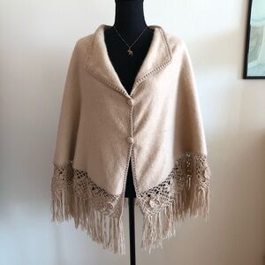 Beige Fringed Women's Poncho Cape